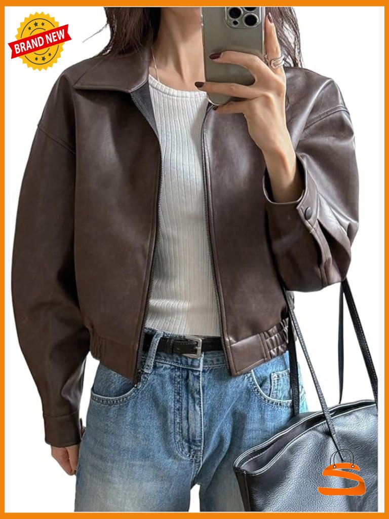 Y2k Faux Leather Zip Up Crop Bomber Jacket Motorcycle Coat Streetwear